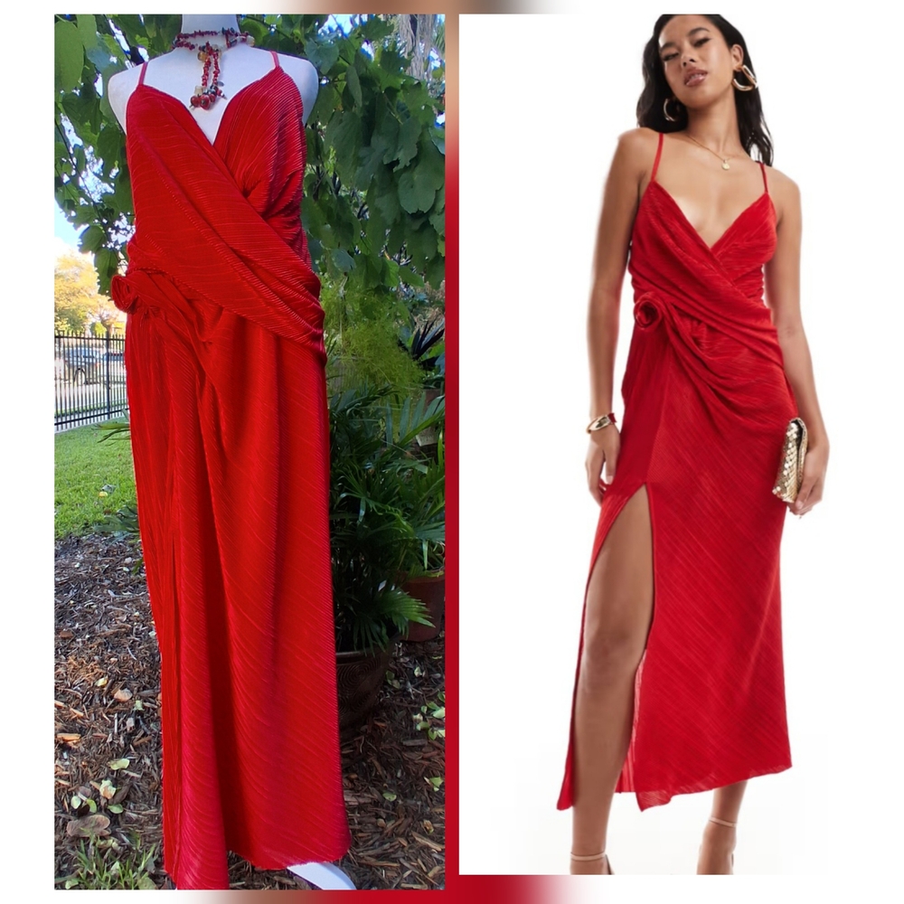 🔥NEW Vibrant Red ASOS Plisse Maxi Dress Size 10 & FREE GIFT